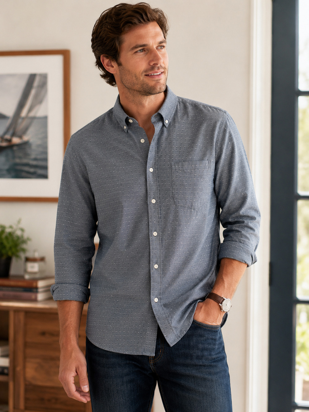 J.Crew Men's Secret Wash Shirt Blue Geometric Button Down Long Sleeve Cotton XL